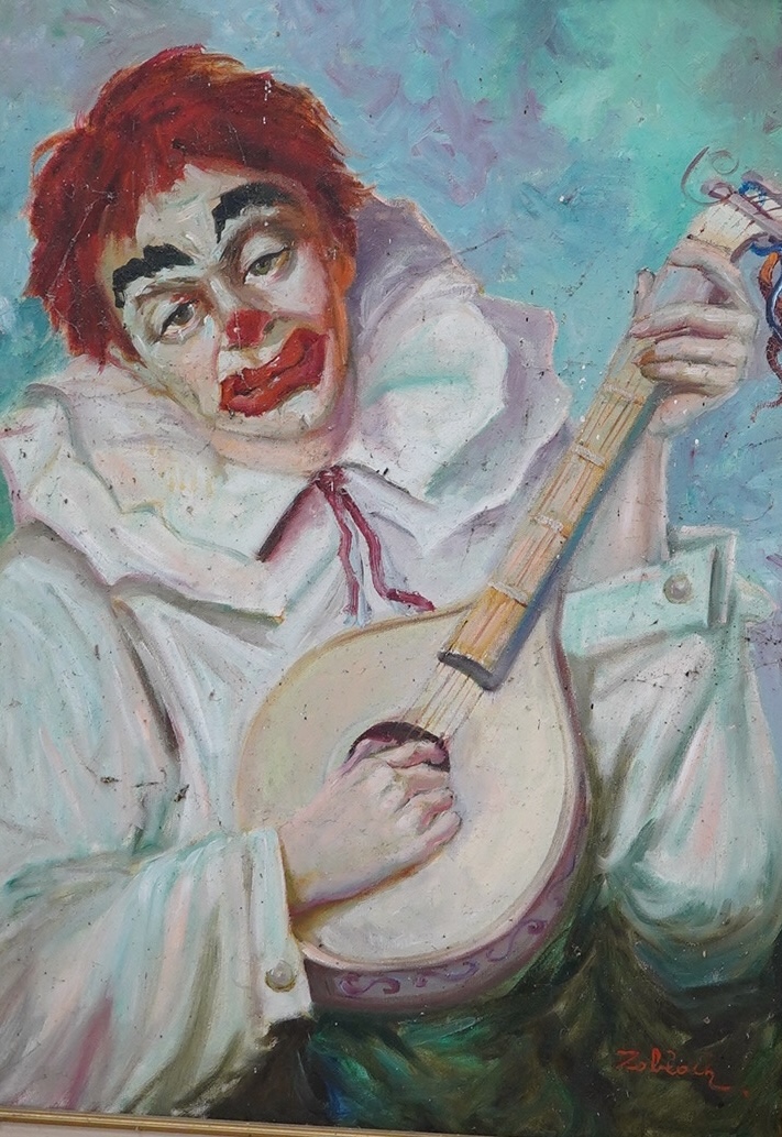 Zolback ?, Continental School, oil on canvas, Portrait of a clown playing an instrument, indistinctly signed, 69 x 49cm, ornately framed. Condition - fair to good, would benefit from a clean